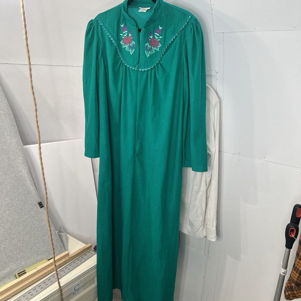 Vintage ADONNA Robe House Dress Medium Velour Embroidered Zip Front EC